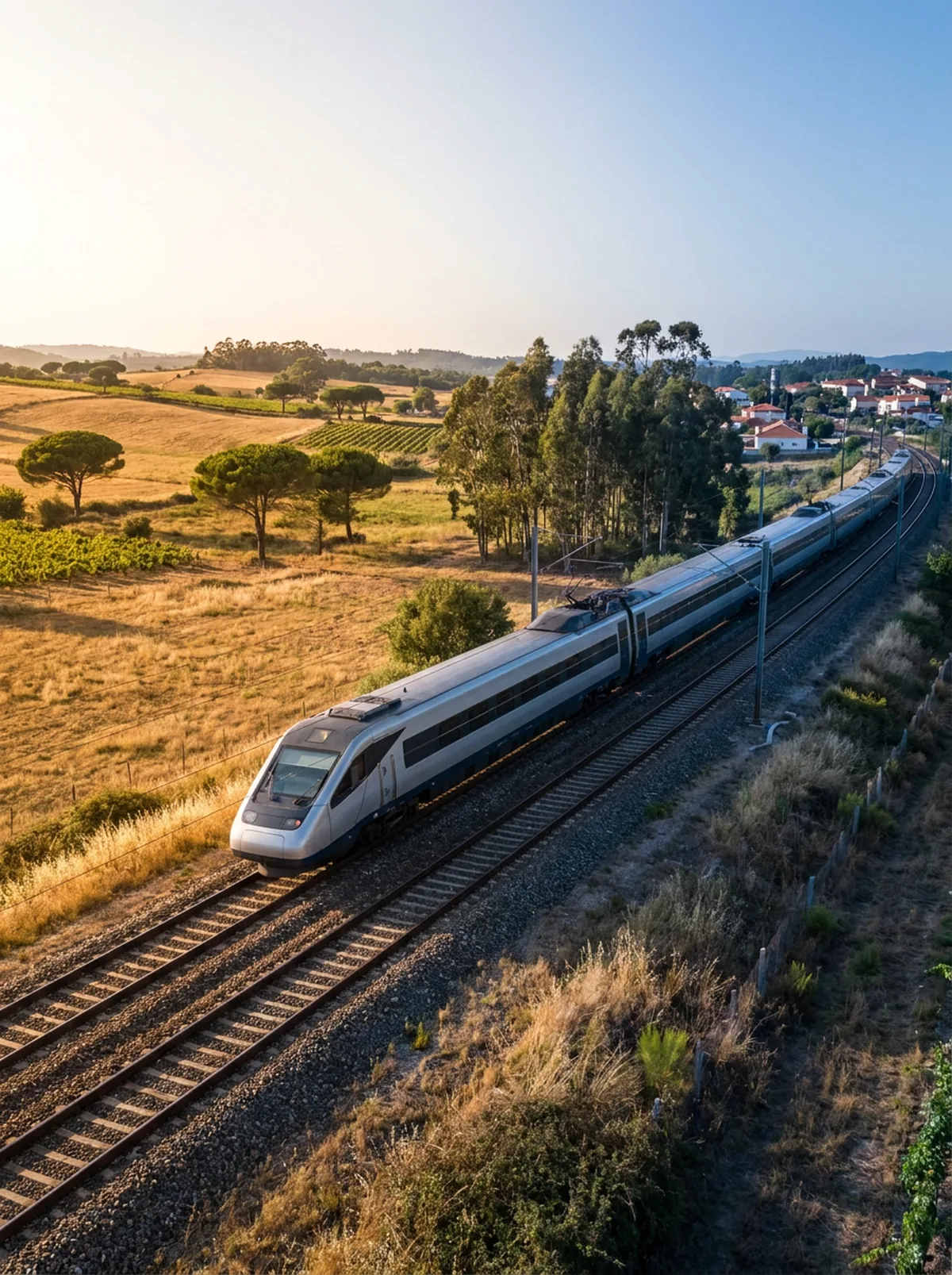 Alfa Pendular high-speed train crossing the sunlit Portuguese countryside on the Lisbon to Porto line