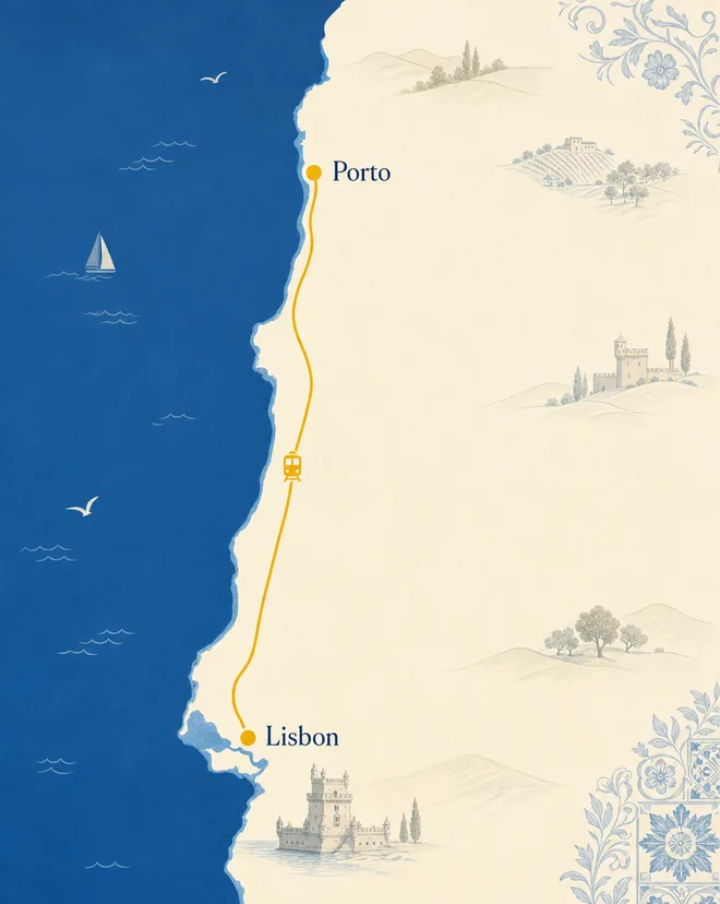 Illustrated map of the direct Lisbon to Porto train route along Portugal's Atlantic coast, marking only Lisbon in the south and Porto in the north with no intermediate stops