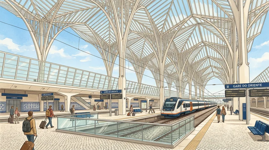 Interior of Lisboa Oriente station (Gare do Oriente) in Lisbon, with its soaring white tree-like steel canopy over the platforms and a train alongside