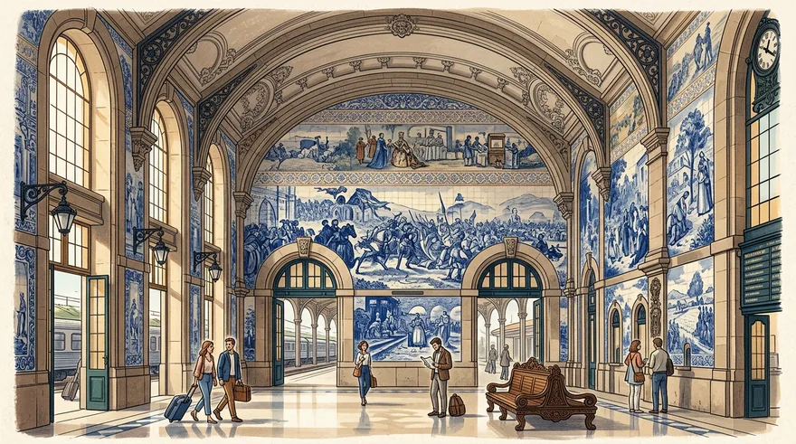 The azulejo-tiled entrance hall of Porto São Bento station, its walls covered floor to ceiling with blue-and-white tile murals of historic scenes